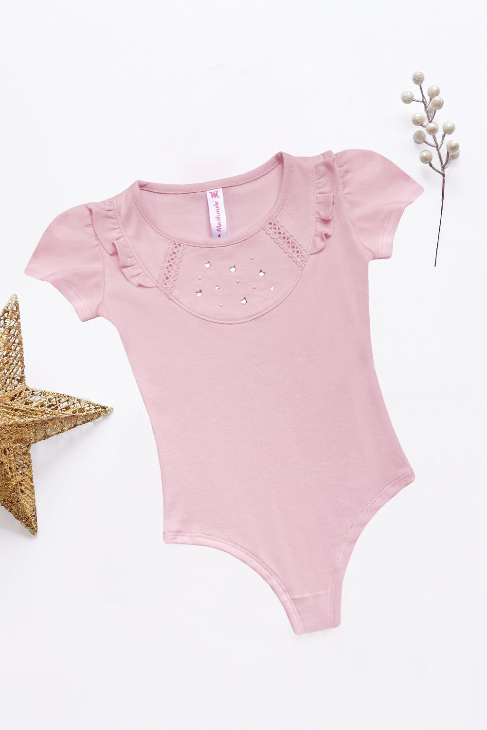 Body con volantes y greca con perlas y strass