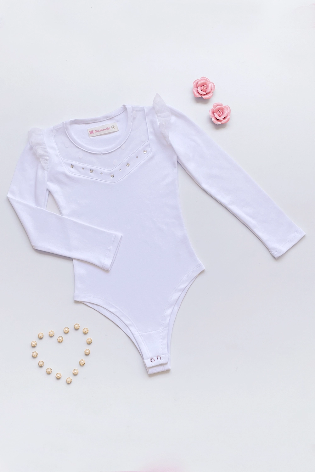 BODY MANGA LARGA CON ELEGANTE CANESÚ Y TULL BOLITAS
