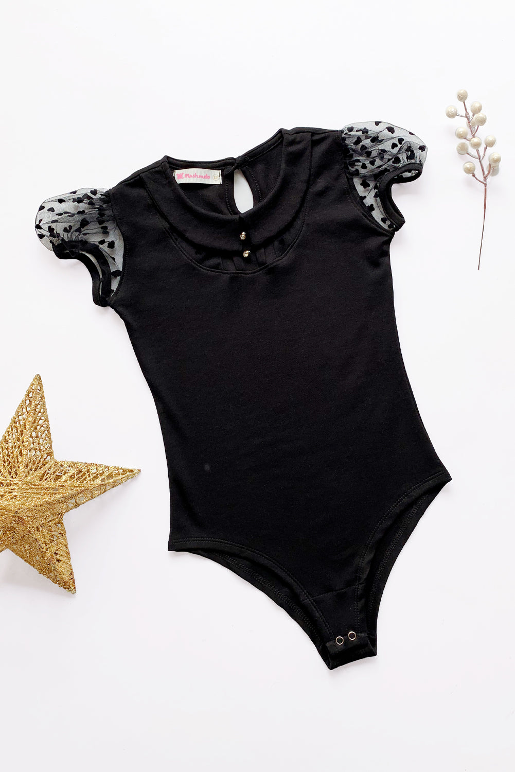 Body con cuello bebé y mangas de tull corrugadas