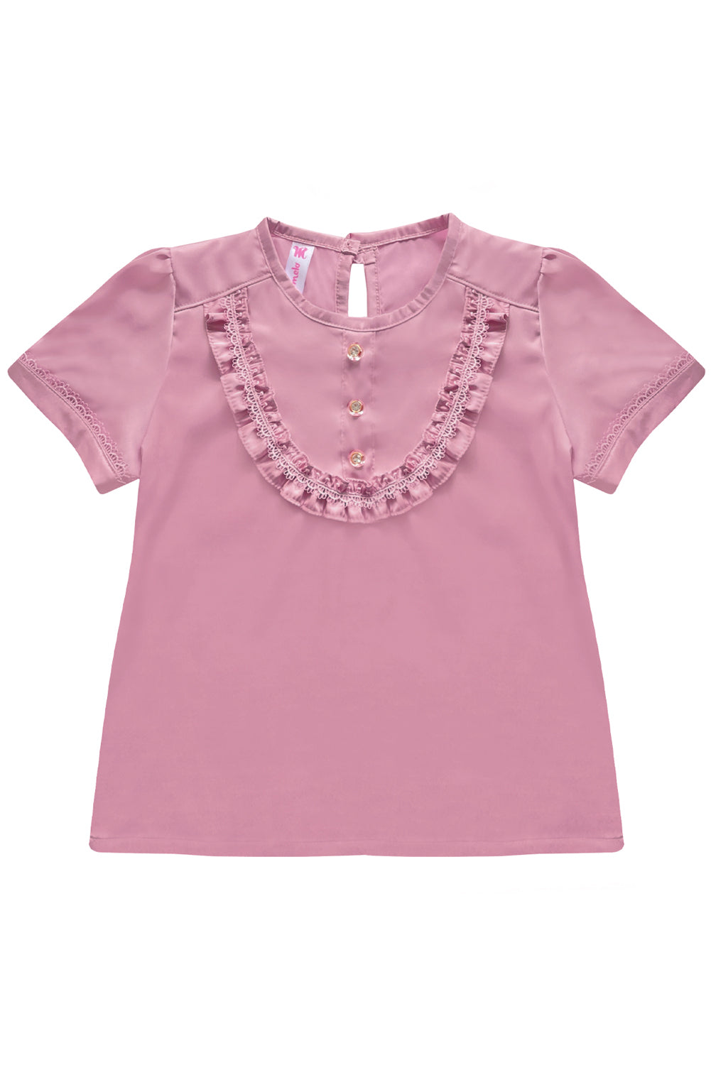 Blusa de seda con volante en canesú y greca en mangas