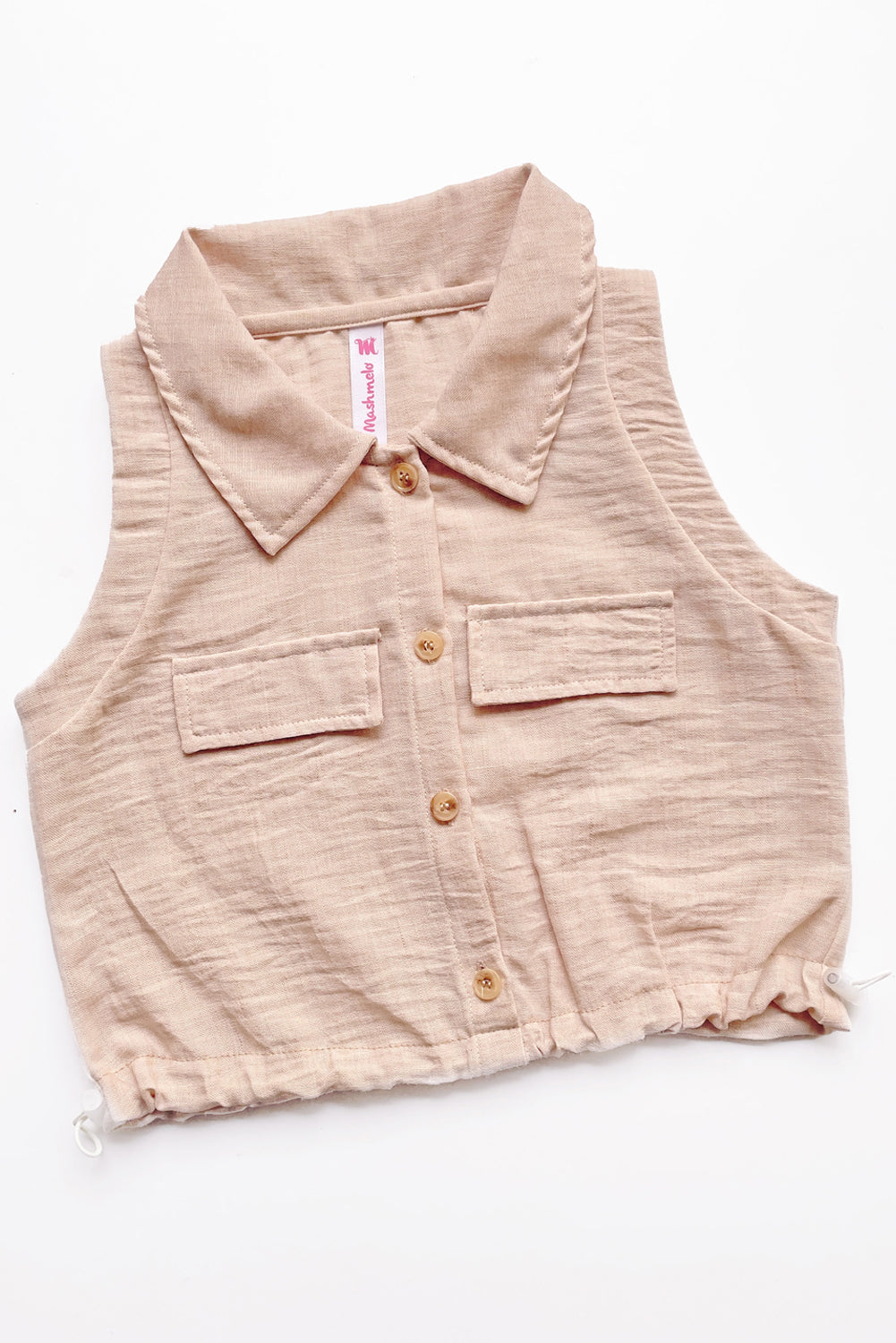 Blusa abierta manga cero con cuello camisero y elasticado en basta