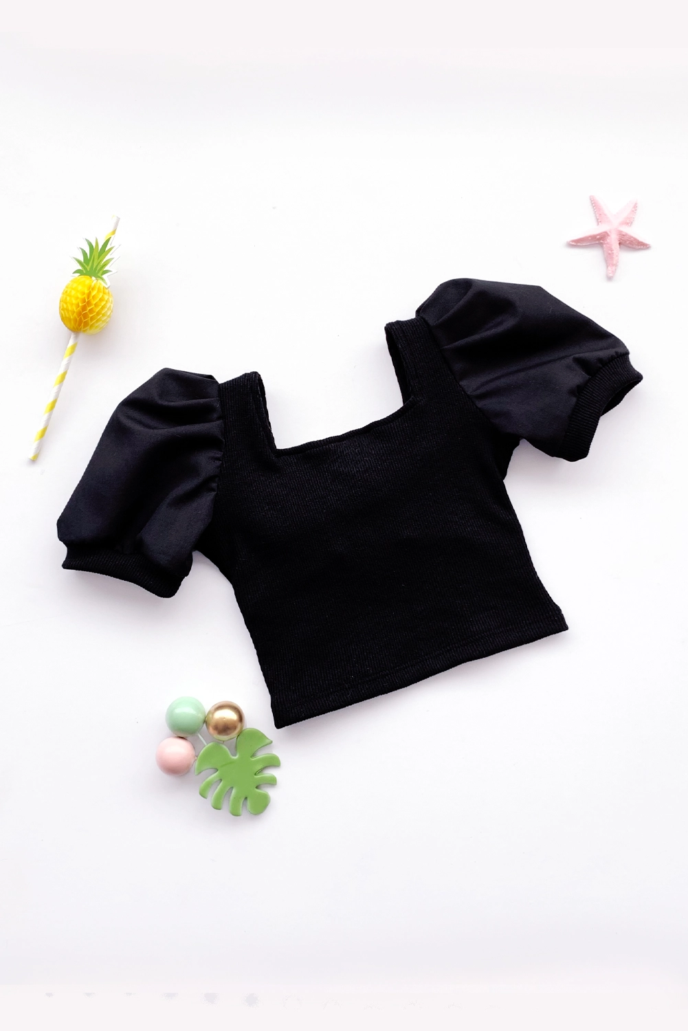Polo Crop de Rib con Mangas de Popelina para Niña