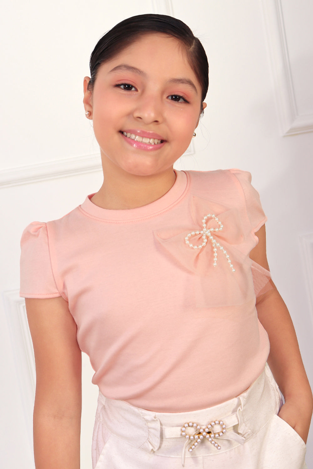 Polo de Algodón Pima con Lazo de Tull y Perlas