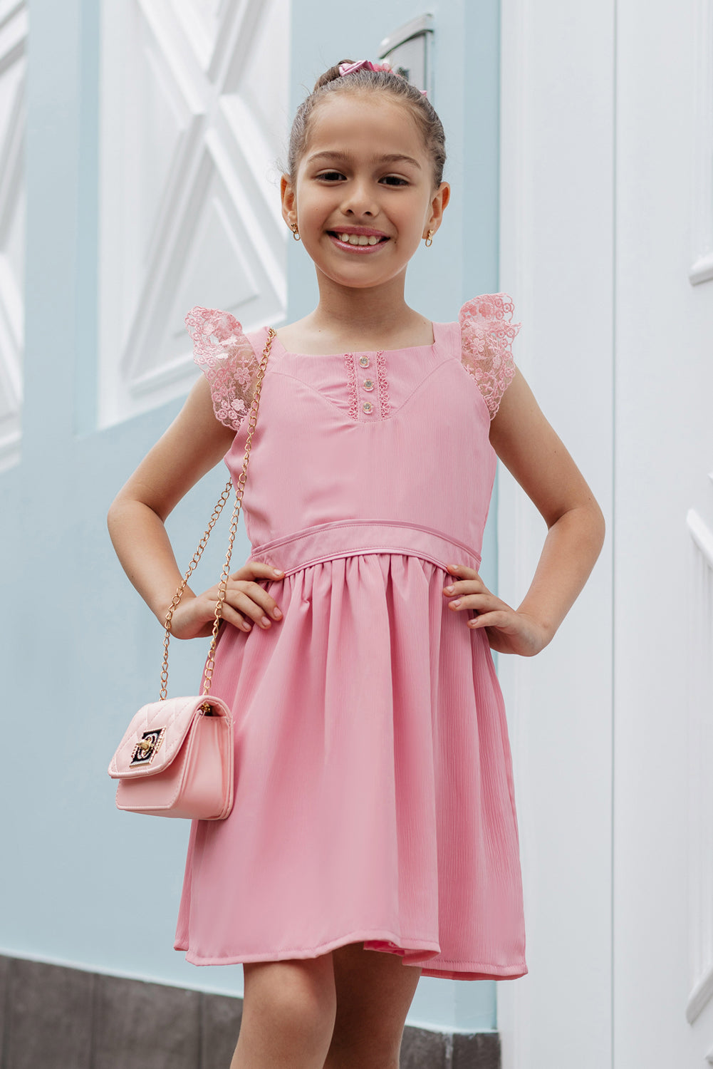 Vestido en gasa hindú con encaje en hombros y escote con lazo ajustable - VSNA0153