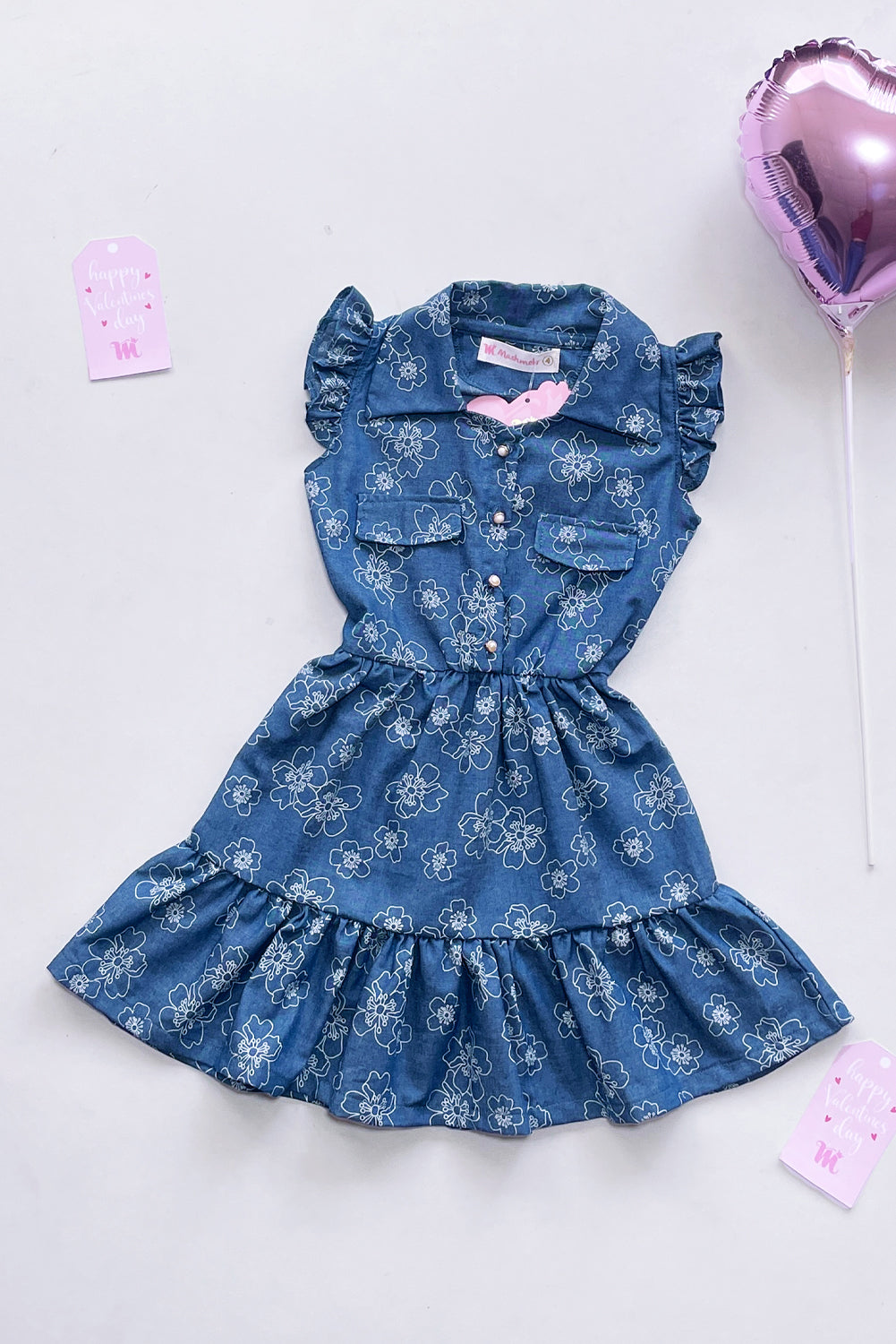 Vestido Chambray con volantes en mangas