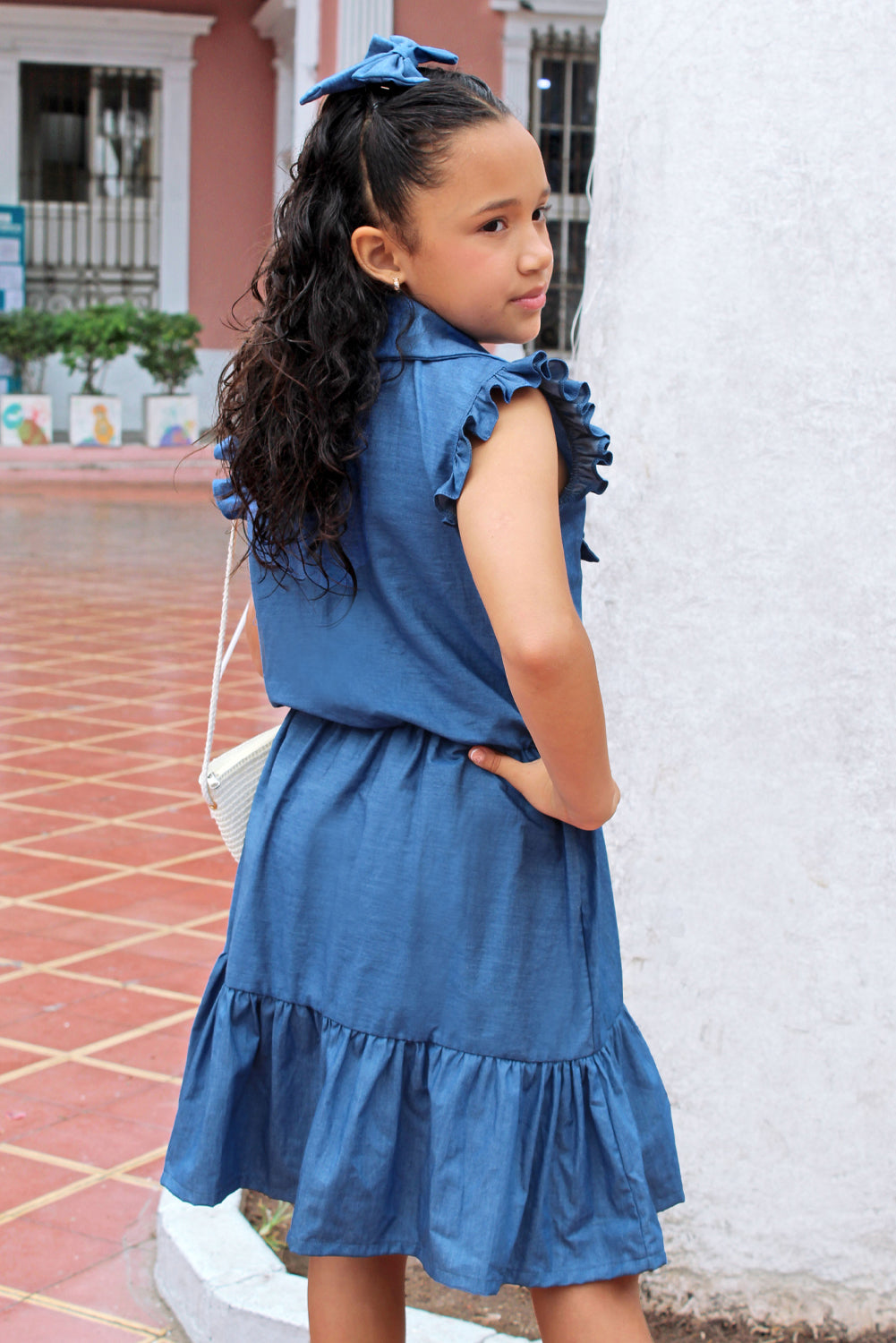 Vestido Chambray con volantes en mangas