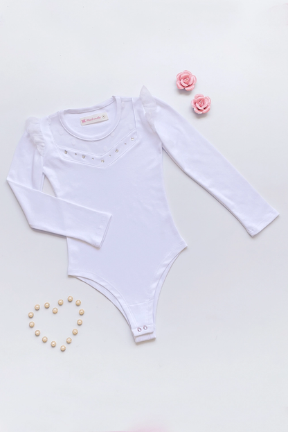 BODY MANGA LARGA CON ELEGANTE CANESÚ Y TULL BOLITAS