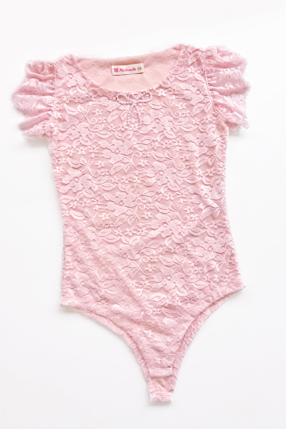 Body de encaje manga recogida que forma lazo y escote redondo