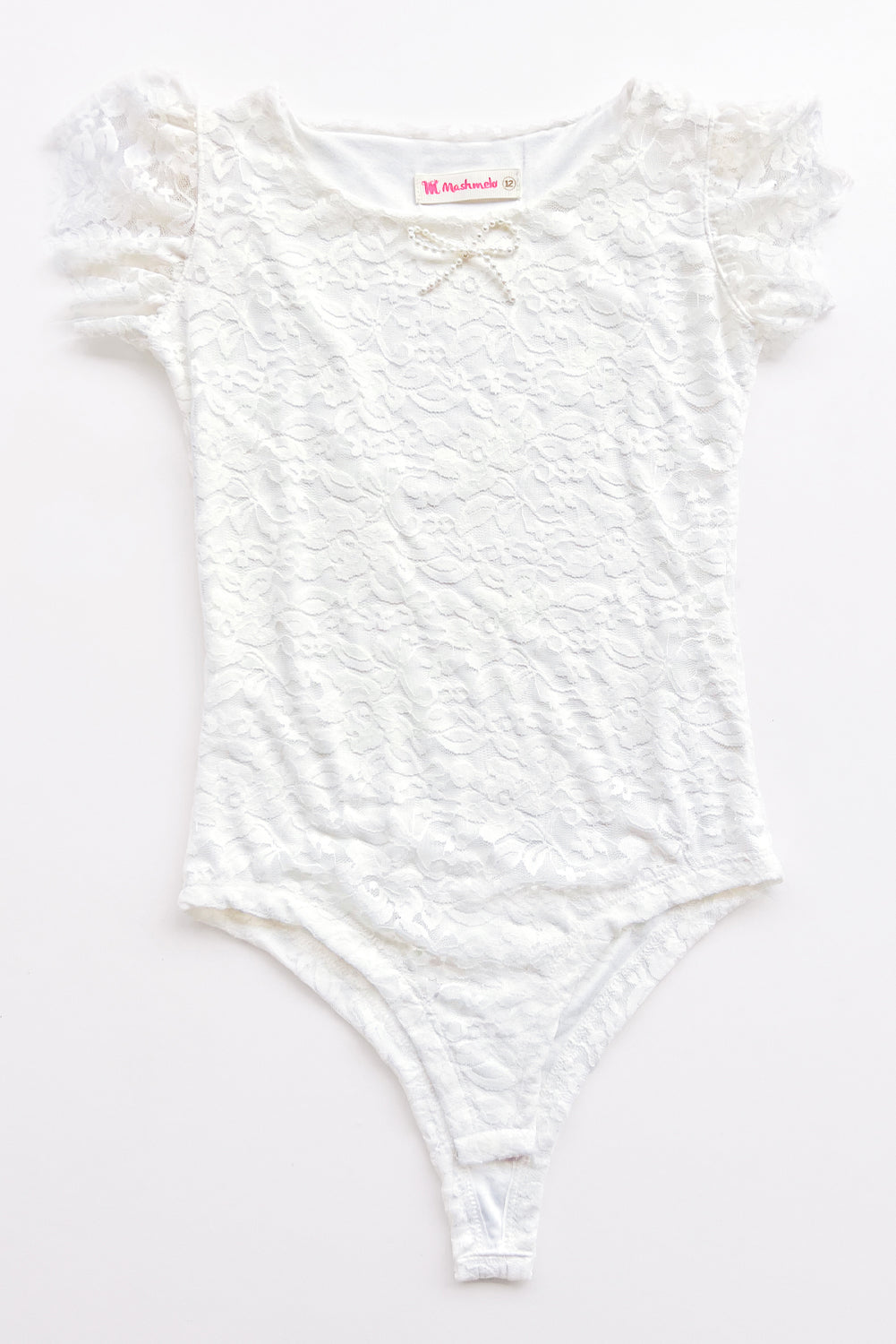 Body de encaje manga recogida que forma lazo y escote redondo