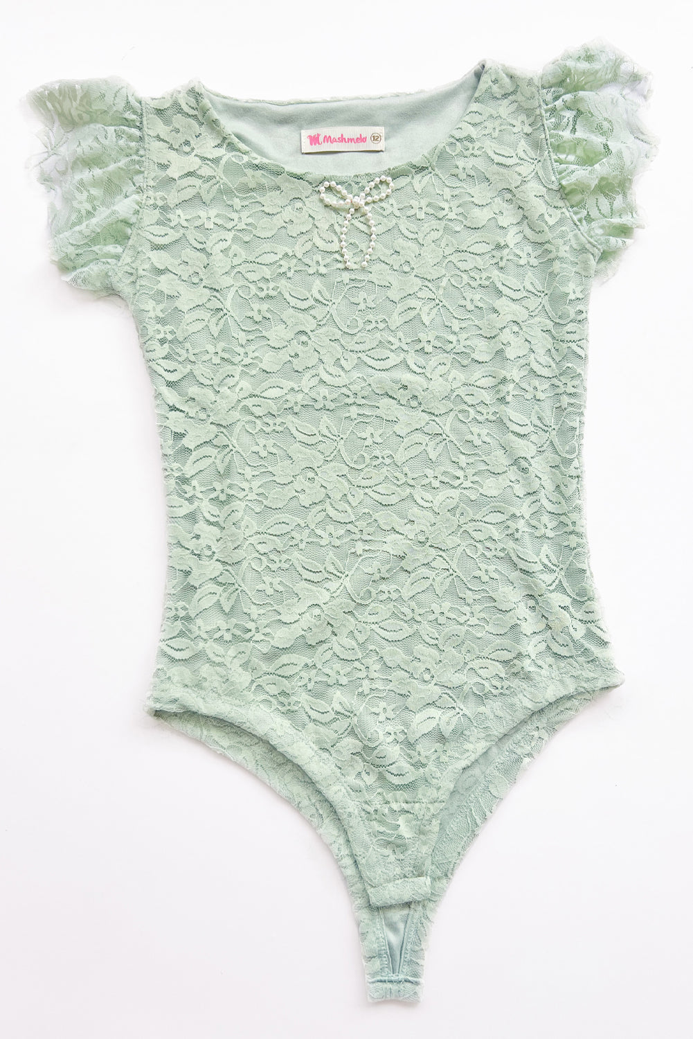 Body de encaje manga recogida que forma lazo y escote redondo