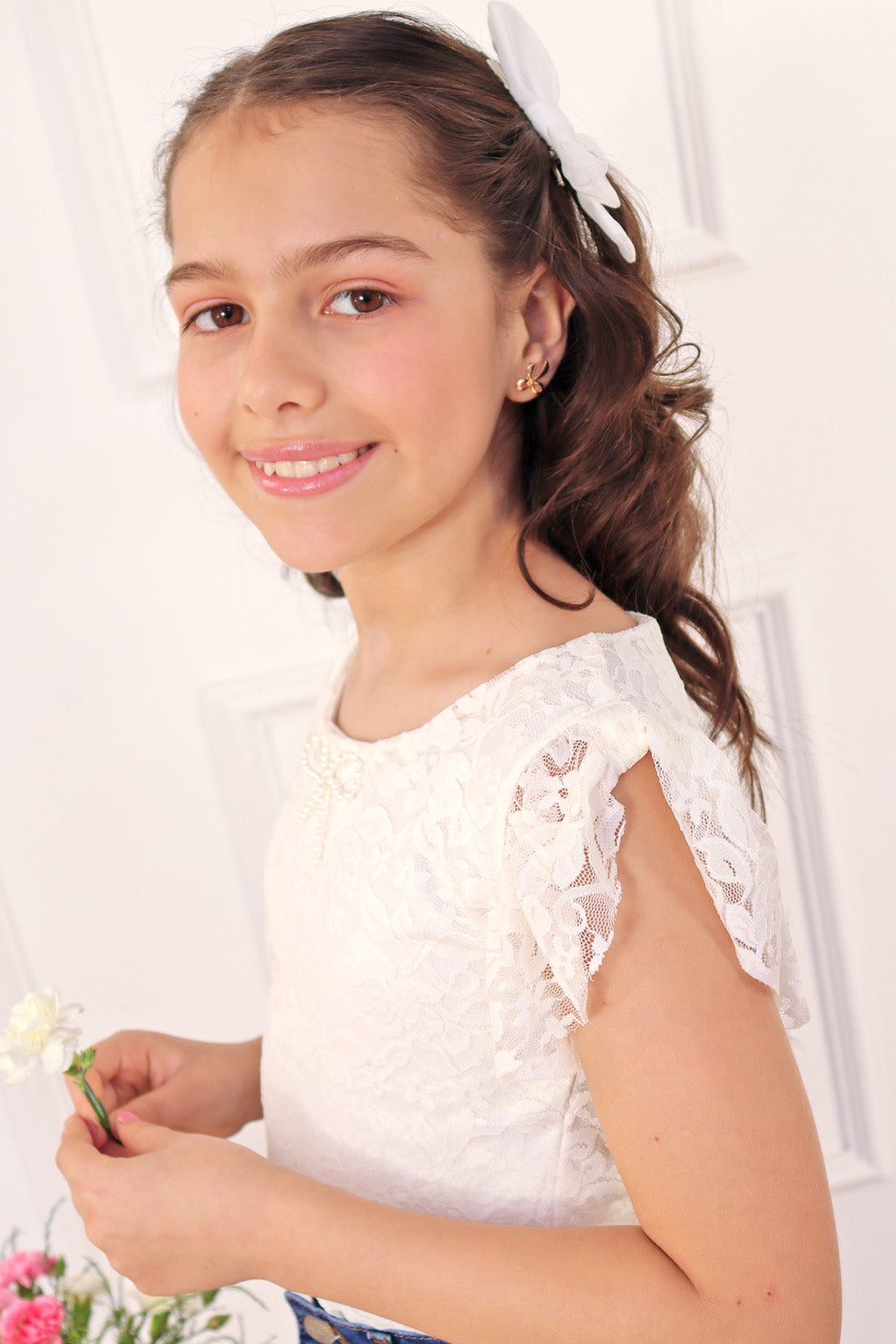 Body de encaje manga recogida que forma lazo y escote redondo