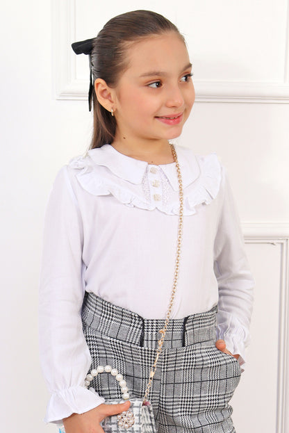Blusa para Niña con Cuello BB, Volantes y Pechera