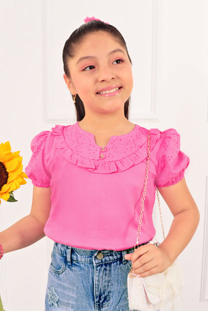 Blusa para Niña con Brodery en Canesú y Mangas