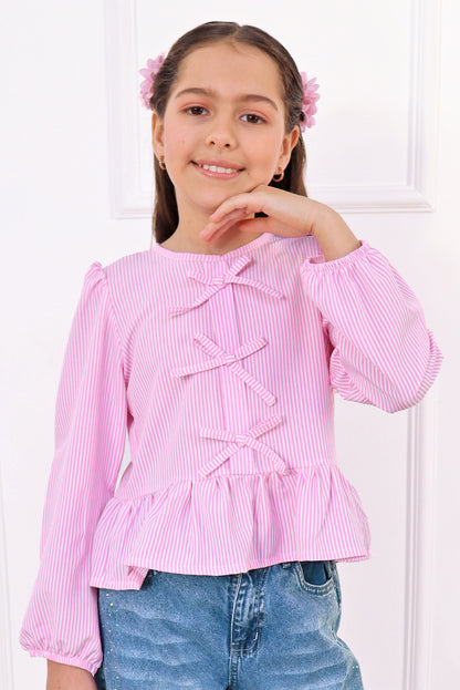 BLUSA LISTADA CON LASITOS EN PECHERA Y FALDON RECOGIDO