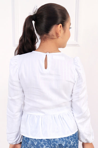 BLUSA LISTADA CON LASITOS EN PECHERA Y FALDON RECOGIDO