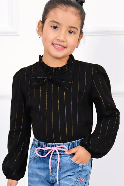BLUSA DE RAYON LUREX CON PIEZA RECOGIDA EN CUELLO Y LAZO AL FRENTE