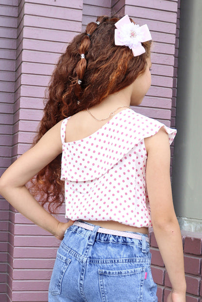 Blusa Asimétrica con Volante y Estampado Polka Dots