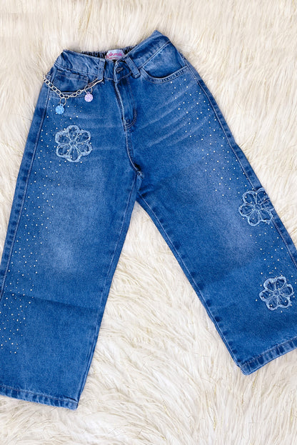 Pantalón Jean Palazo con Pache de Flores