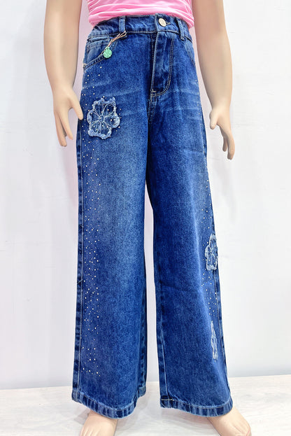 Pantalón Jean Palazo con Pache de Flores