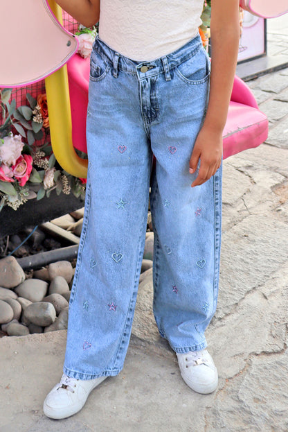 Pantalón Jean con Bordado de Corazoes y Estrellas