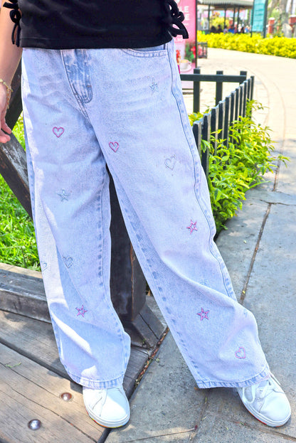 Pantalón Jean con Bordado de Corazoes y Estrellas