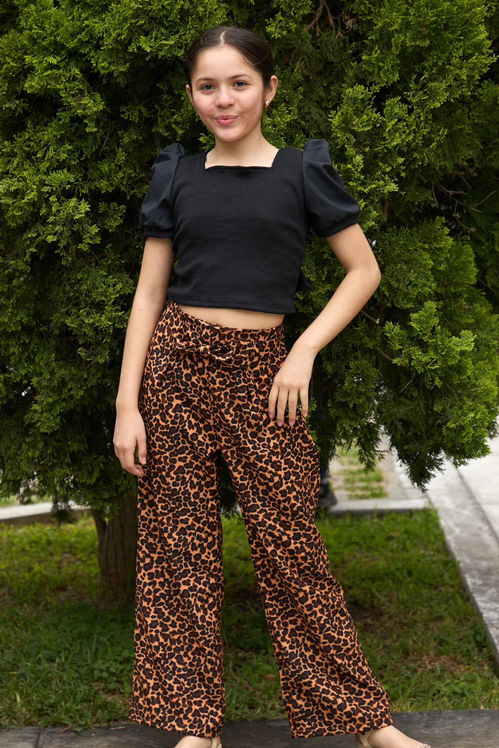 Polo Crop de Rib con Mangas de Popelina para Niña