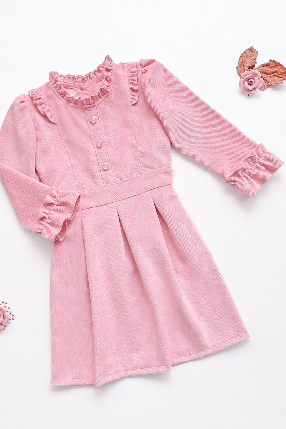 VESTIDO DE CORDUROY CON VOLANTE EN CUELLO, CANESU Y PUÑOS