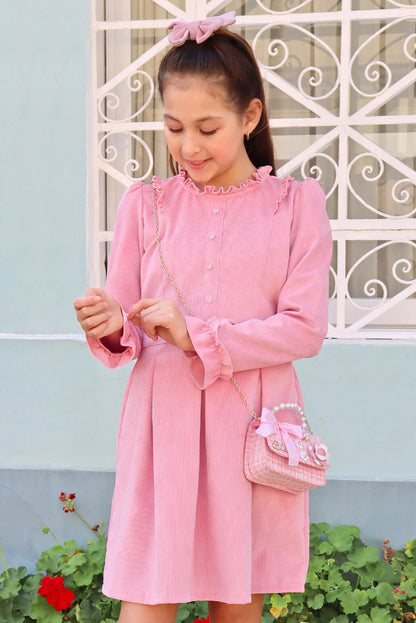 VESTIDO DE CORDUROY CON VOLANTE EN CUELLO, CANESU Y PUÑOS